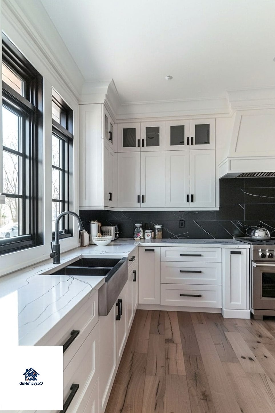 All-White Cabinetry with Black Window Frames