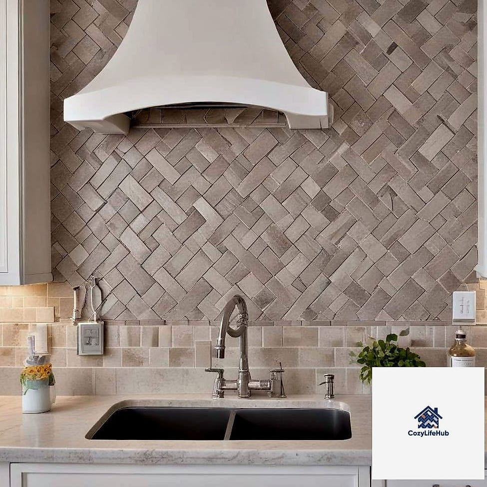 16 Farmhouse Backsplash Ideas That Look Expensive But Aren't 10 Basketweave Tile in Soft Neutrals