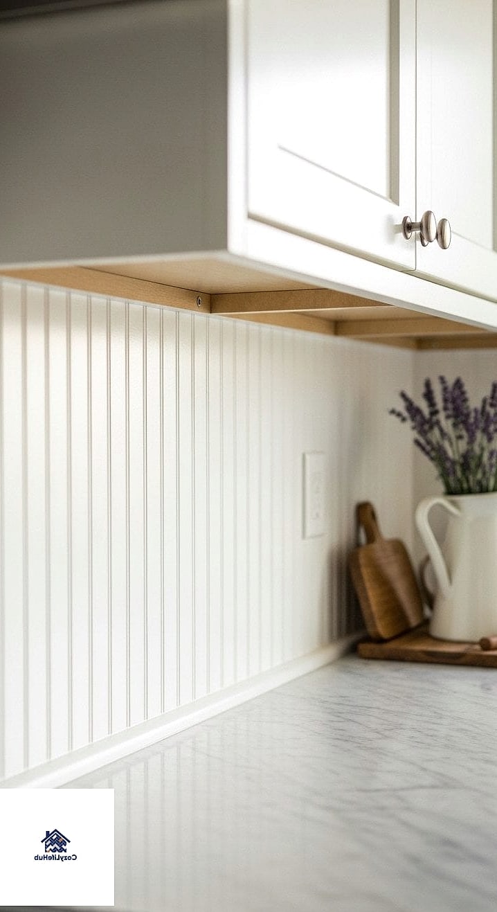 Beadboard with Open Wood Shelving and Greenery