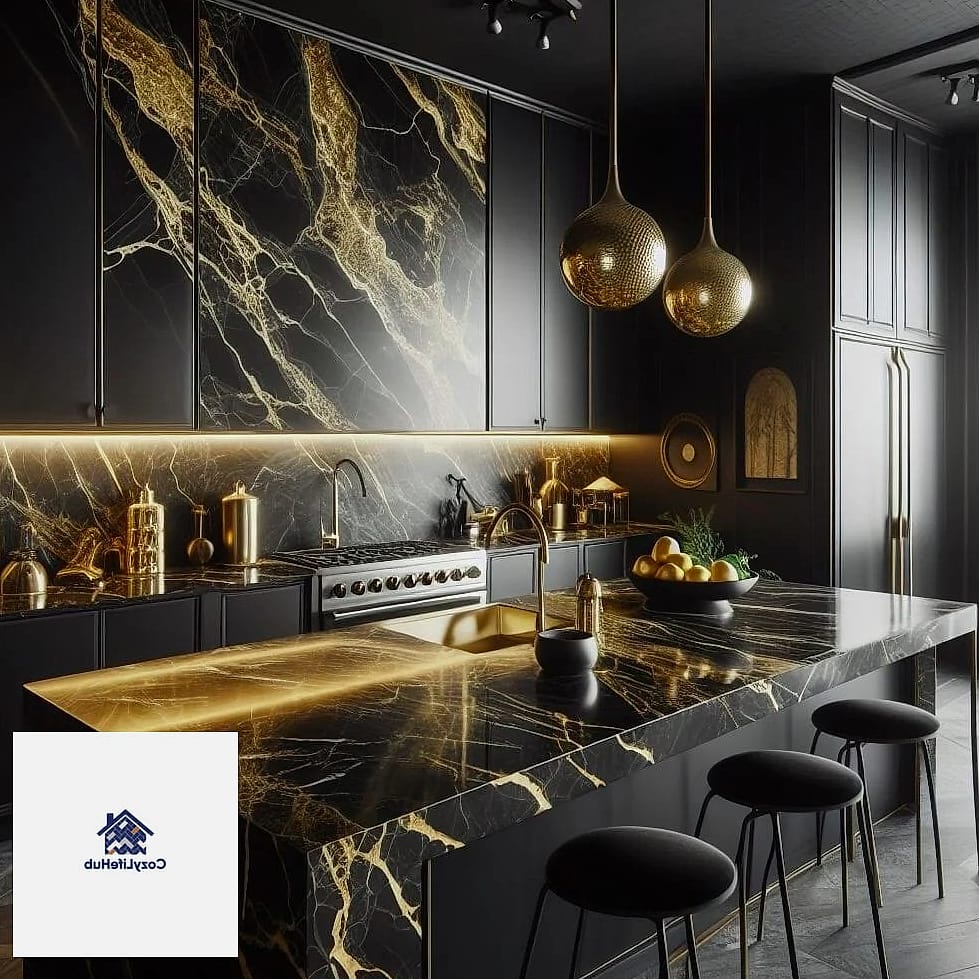 17 Black Countertop Ideas That Look Expensive But Aren't 18 Black Countertops with Brass or Gold Inlay Details