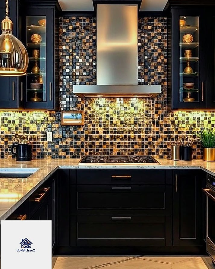 14 Backsplash Ideas for Dark Cabinets Ideas That Will Transform Your Space 5 Black and Gold Mosaic Accent