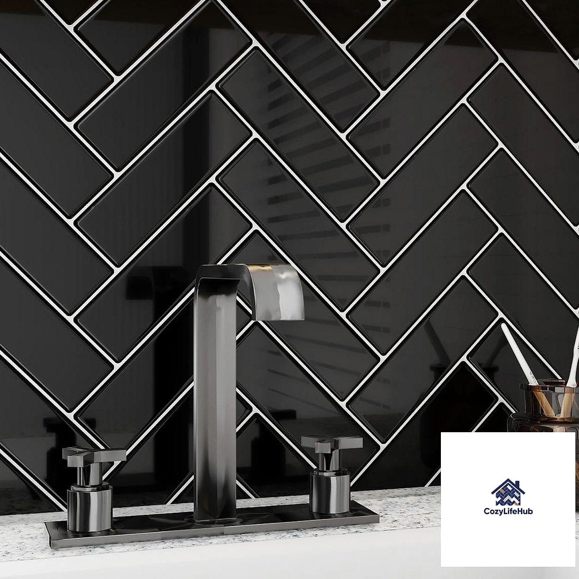 19 Black Backsplash Ideas That Will Transform Your Space 5 Black Herringbone Pattern