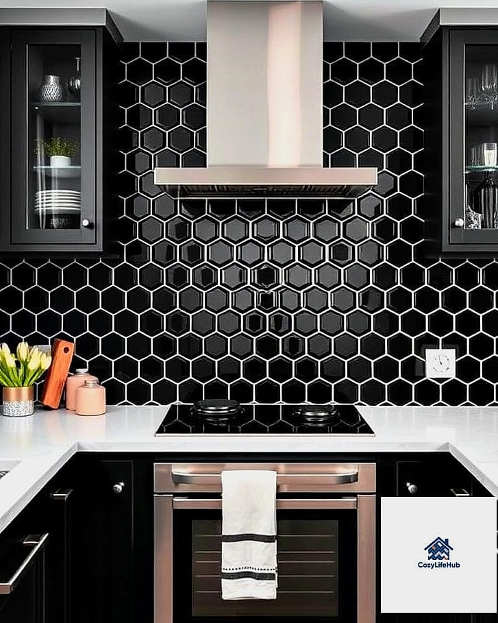 21 Backsplash for Black and White Kitchens Ideas That Will Transform Your Space 18 Black Hexagon Tile with White Grout