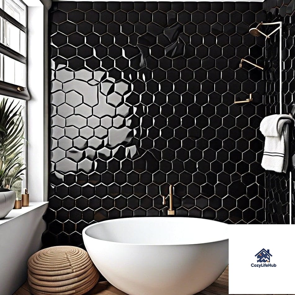30 Black Mosaic Tile Ideas That Will Change How You See Your Home 3 Black Hexagon Mosaic in a Powder Room
