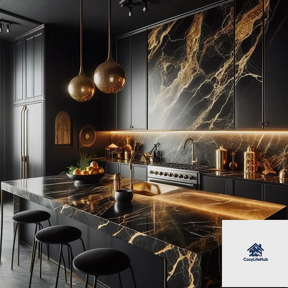 17 Black Countertop Ideas That Look Expensive But Aren't 11 Black Marble with Gold Veining