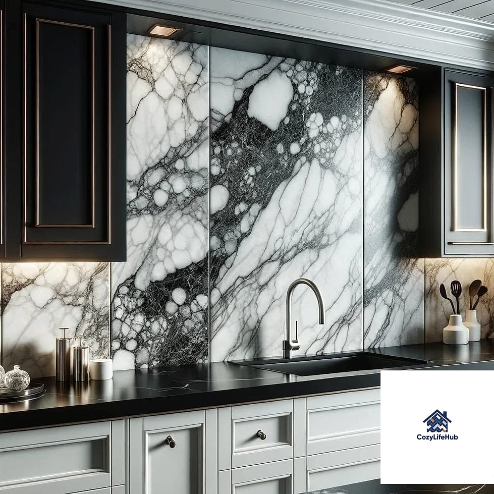 19 Black Backsplash Ideas That Will Transform Your Space 8 Black Marble-Look Porcelain Tile