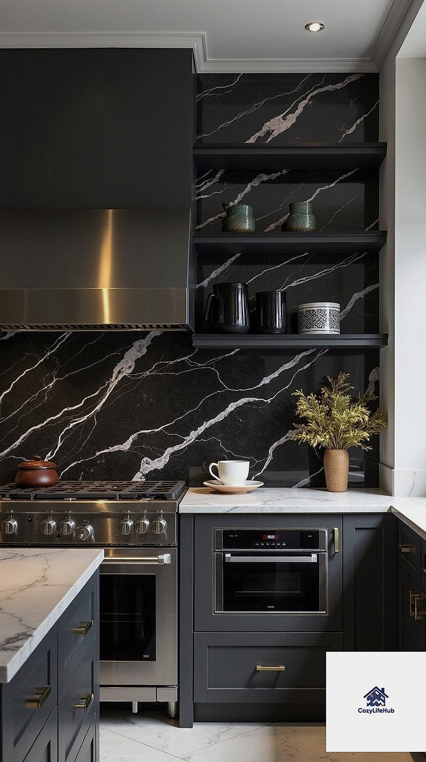 Black Marble Backsplash with Dramatic Veining
