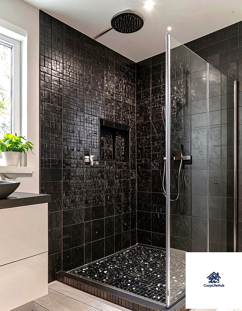30 Black Mosaic Tile Ideas That Will Change How You See Your Home 5 Black Mosaic Shower Niche