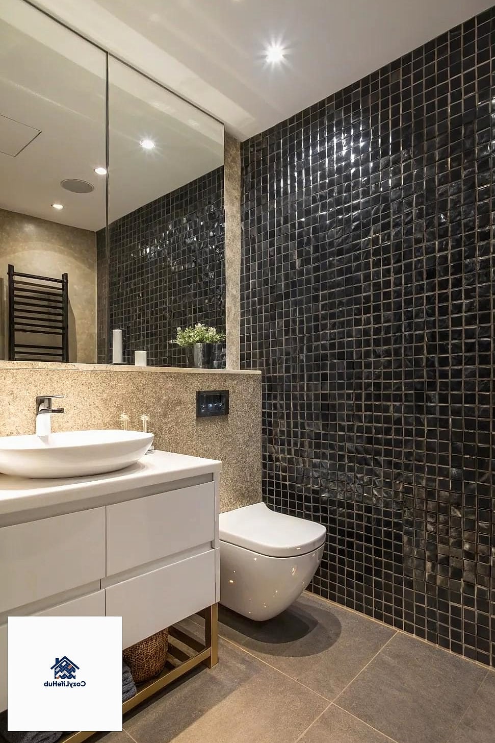 30 Black Mosaic Tile Ideas That Will Change How You See Your Home 22 Black Mosaic Tile Feature Behind Open Shelving