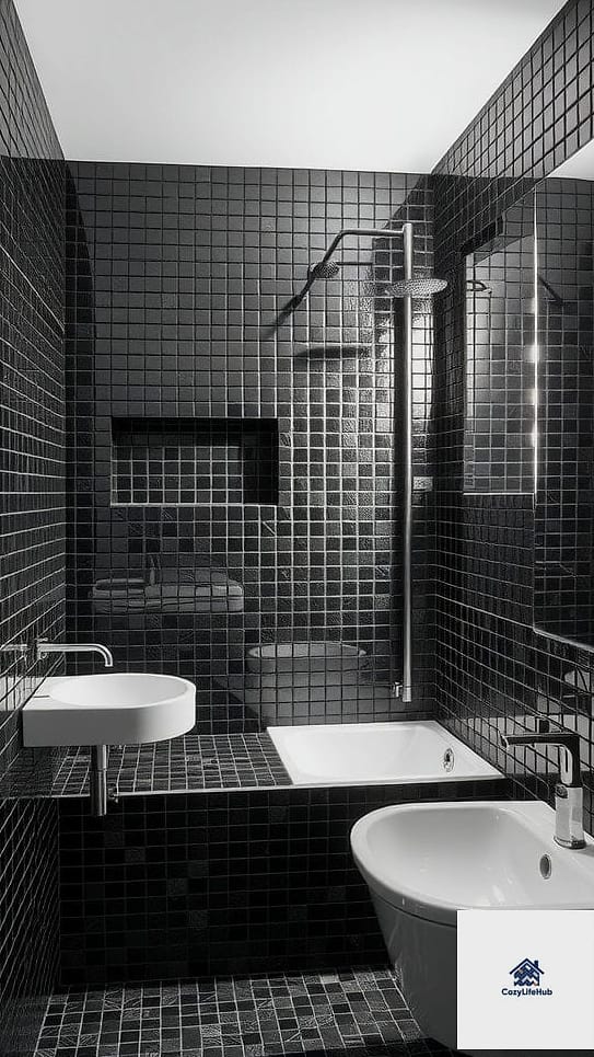 30 Black Mosaic Tile Ideas That Will Change How You See Your Home 25 Black Mosaic Tile Around a Freestanding Tub