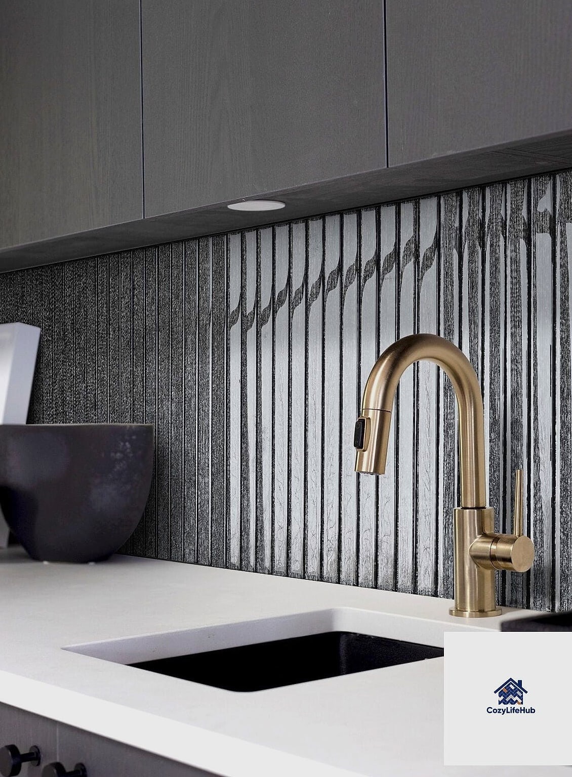 Black Tile with Brass Trim Details