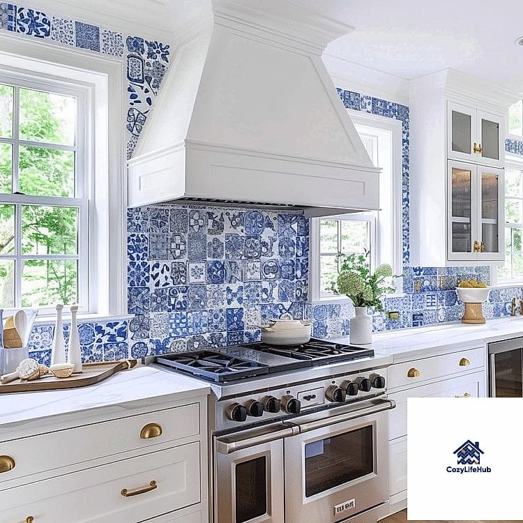 23 Backsplash Ideas for White Cabinets Ideas That Will Transform Your Space 10 Blue and White Patterned Tile