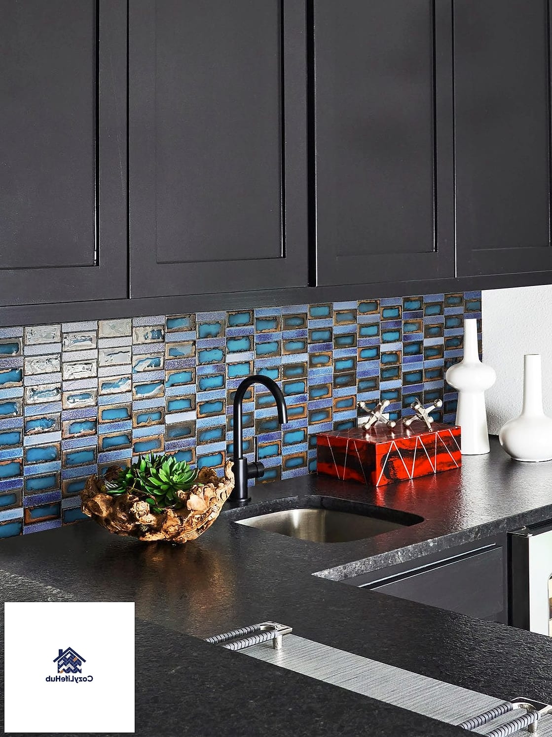 Bold Black Slab with White Cabinetry