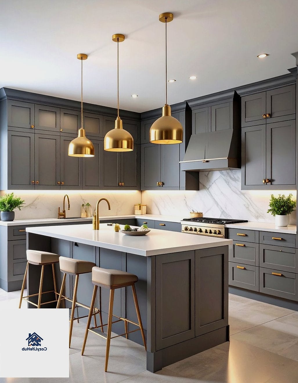 Brushed Brass Hardware on Gray Cabinets