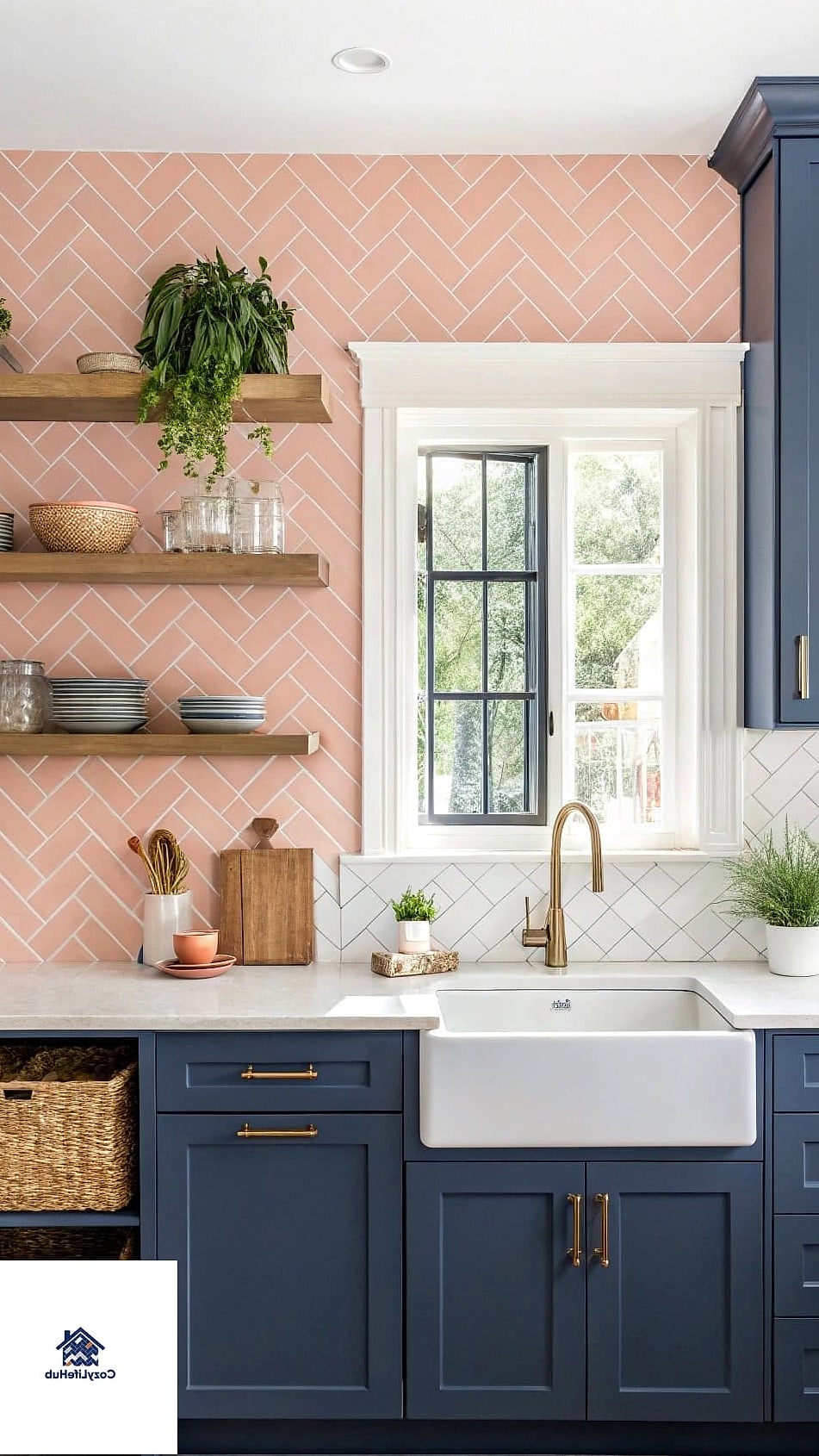 Coral Pink Herringbone for a Bold Bathroom