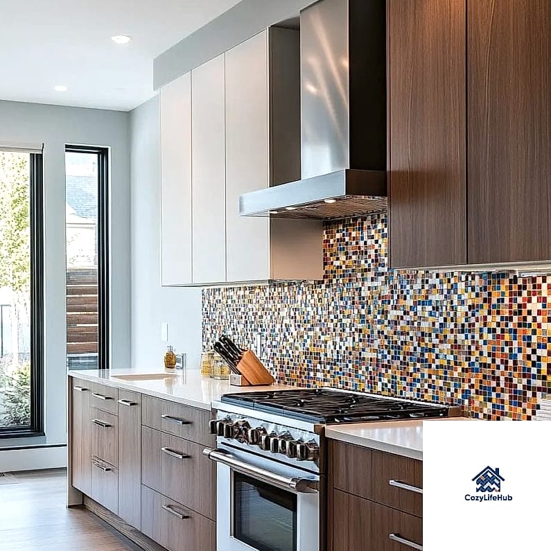 Extended Backsplash Behind Open Shelving