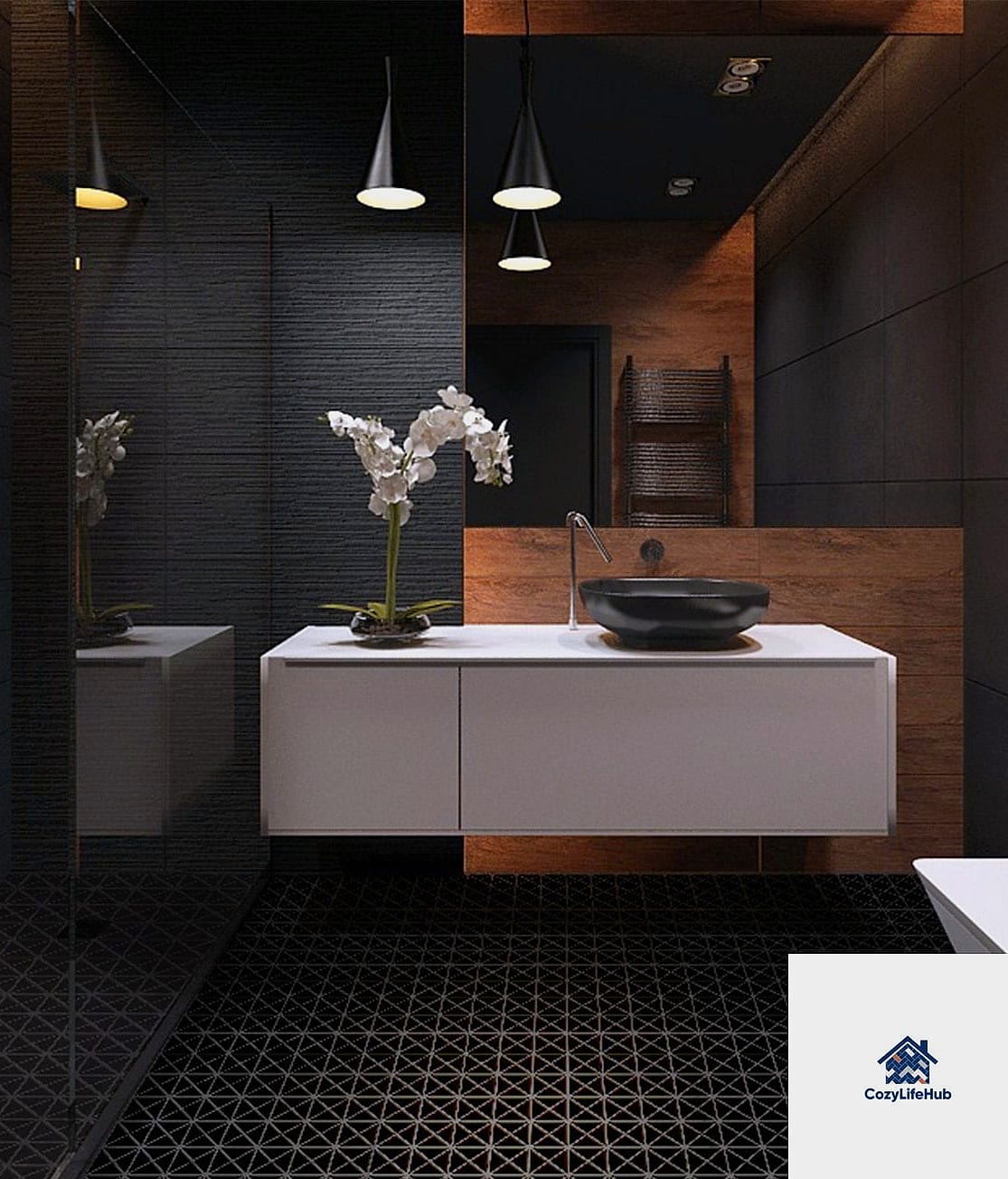 30 Black Mosaic Tile Ideas That Will Change How You See Your Home 8 Floor-to-Ceiling Black Mosaic Accent Wall