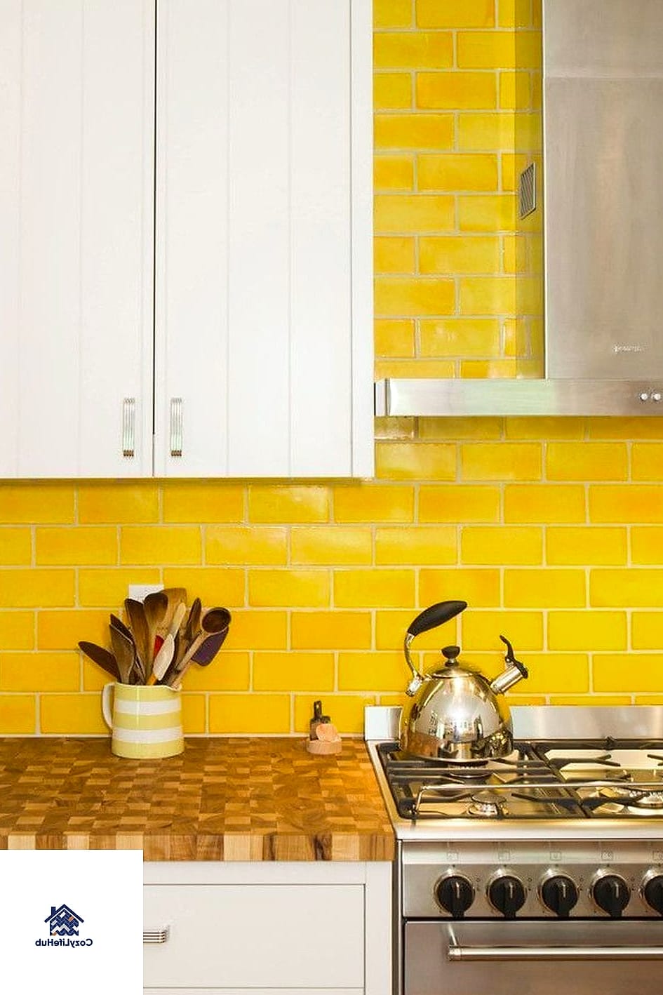 Full Wall Yellow Slab Backsplash