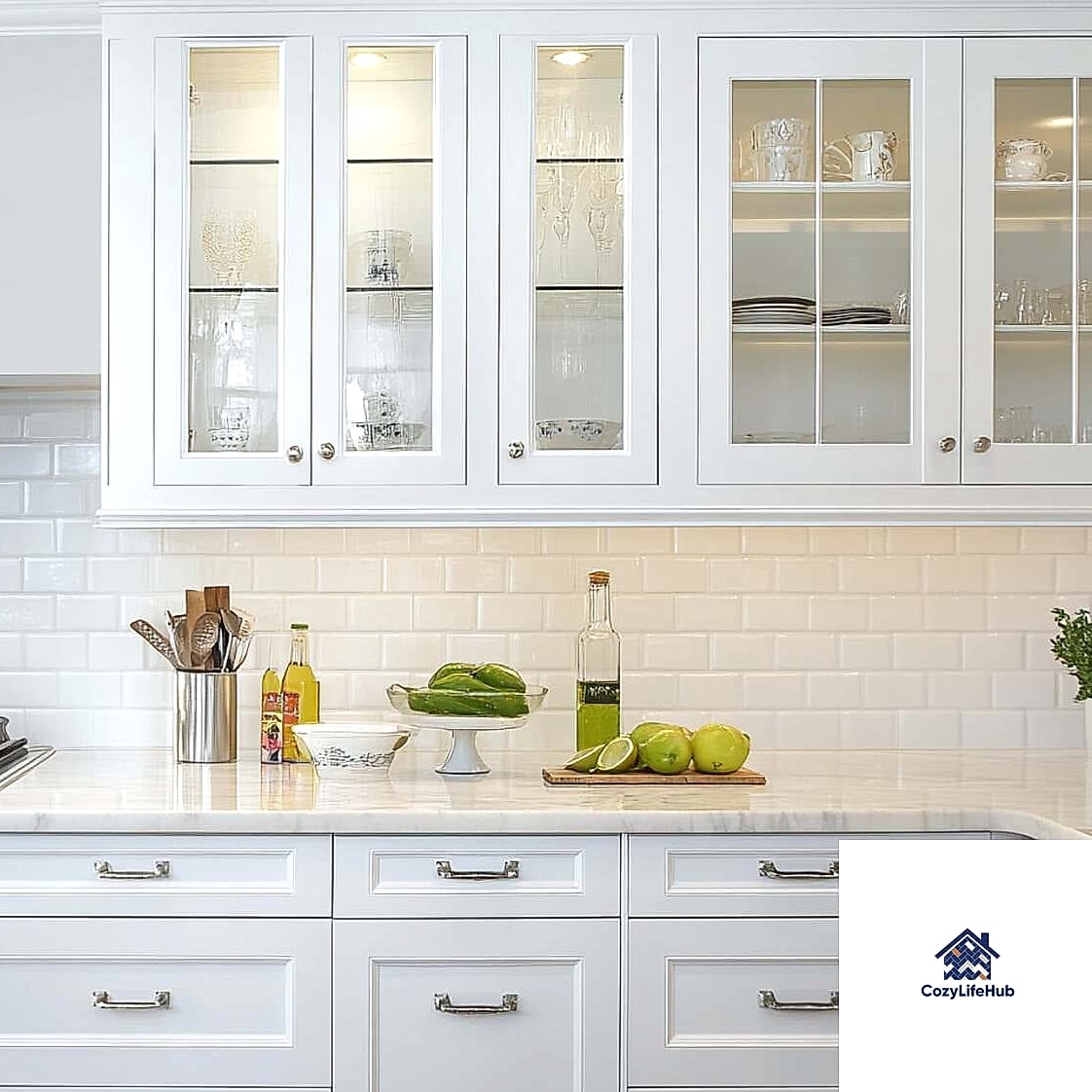 16 White Kitchen Ideas Perfect for Any Budget 11 Glass-Front Upper Cabinets