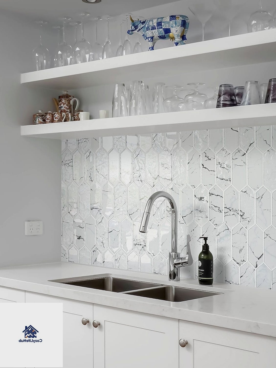 11 White Glass Mosaic Tile Ideas Worth Bookmarking Before You Renovate 11 Glass Mosaic Kitchen Island Waterfall Edge
