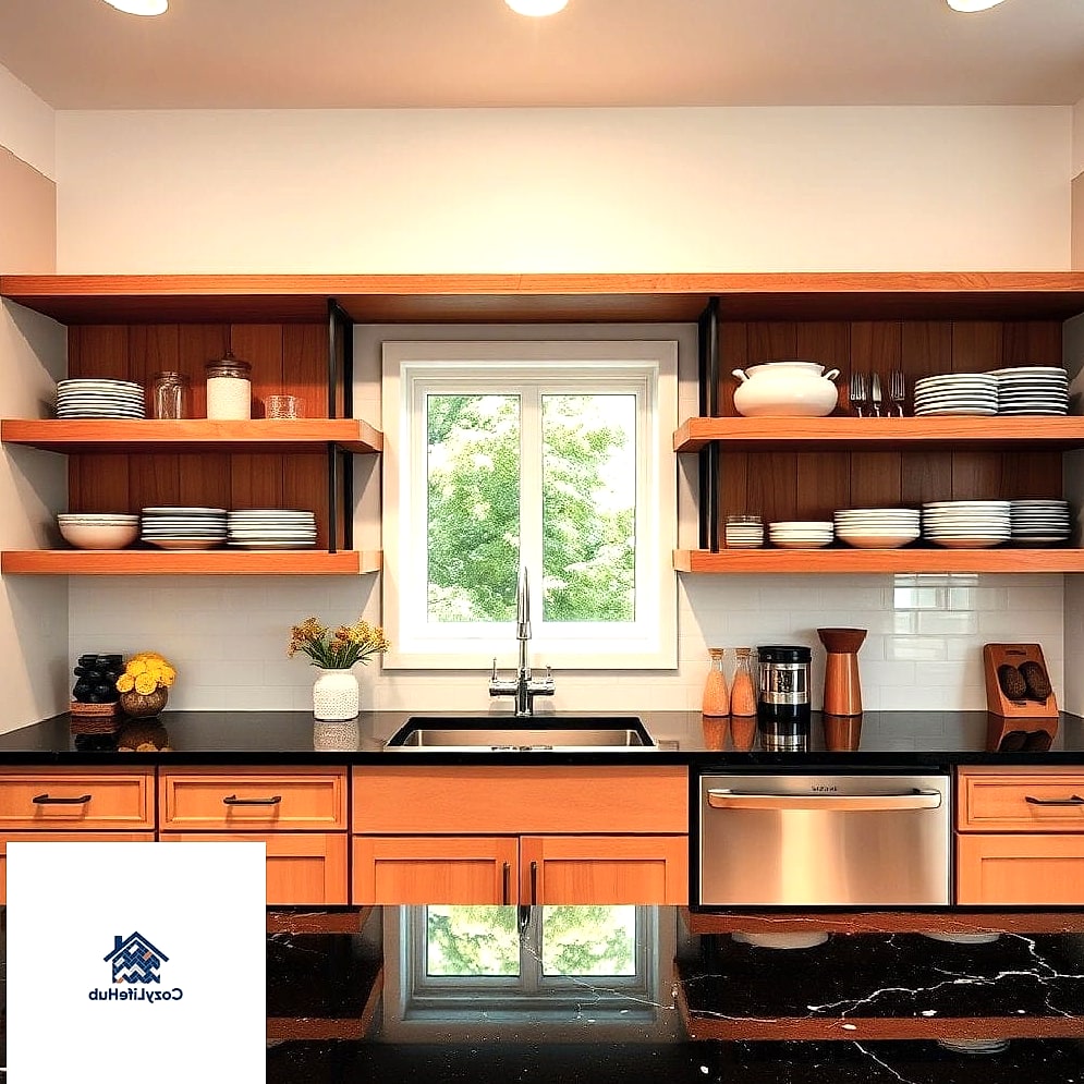 Granite Paired with Open Shelving and Greenery