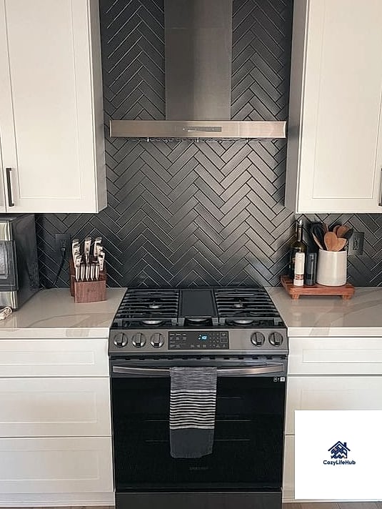 Herringbone with Black Cabinetry