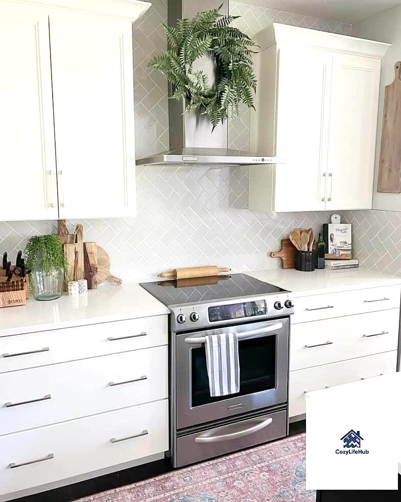 Herringbone Gray Tile Backsplash