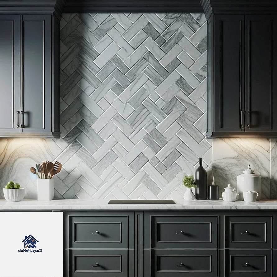 14 Backsplash Ideas for Dark Cabinets Ideas That Will Transform Your Space 4 Herringbone Marble Mosaic