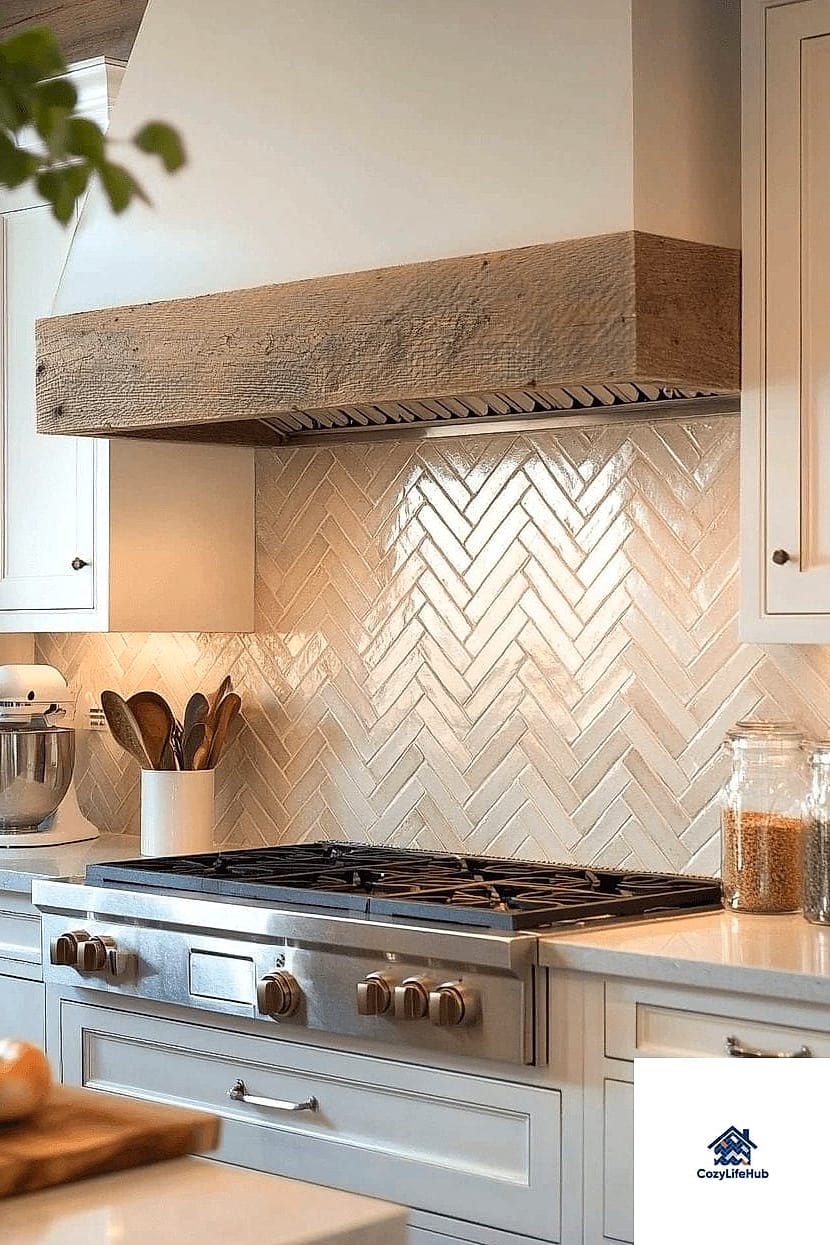 Herringbone with Warm Wood Open Shelving