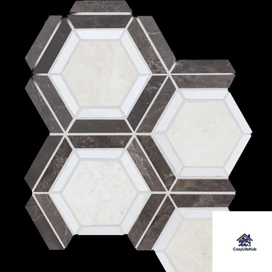 18 Waterjet White Gray Mosaic Tile Ideas You'll Want to Save Right Now 3 Hexagon Mosaic with Gray Centers