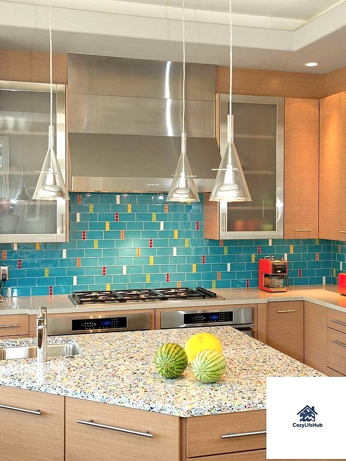 22 Recycled Glass Tile Ideas That Are Stylish and Practical 10 Kitchen Island Waterfall Accent