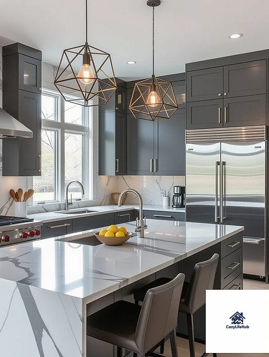 Layered Lighting Over a Gray Kitchen