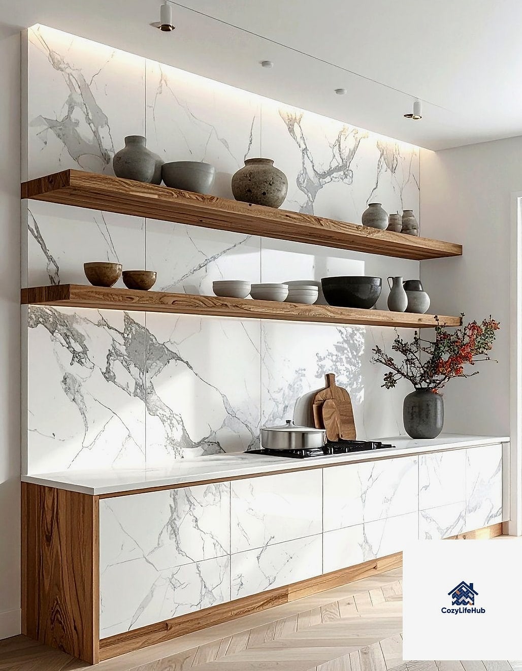 Marble Backsplash with Open Shelving