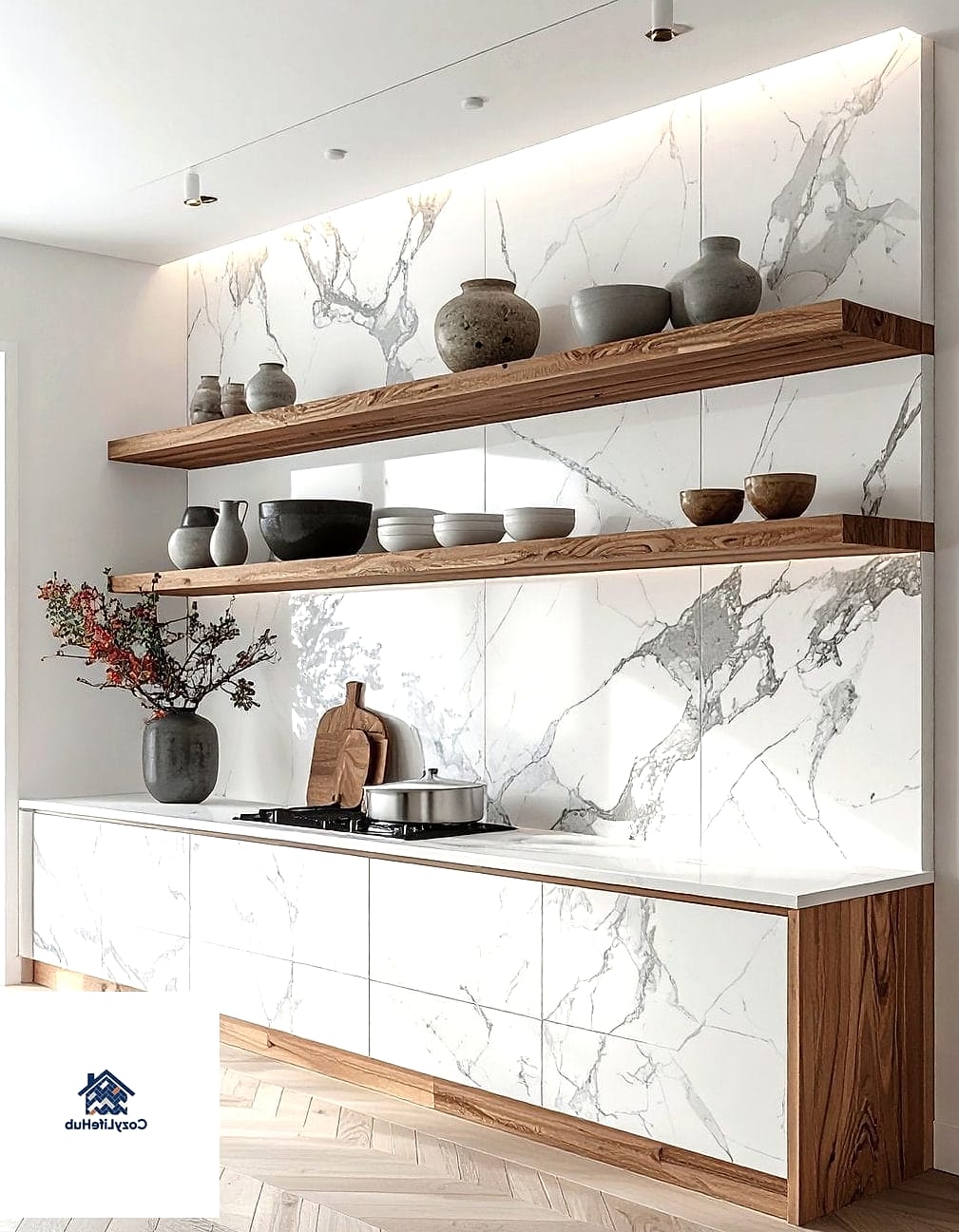Marble Backsplash Behind Open Shelving