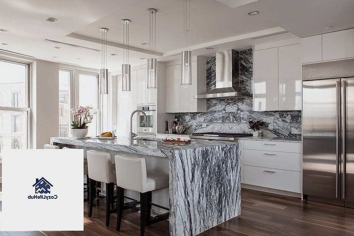 Marble Backsplash Behind an Open Shelving Setup