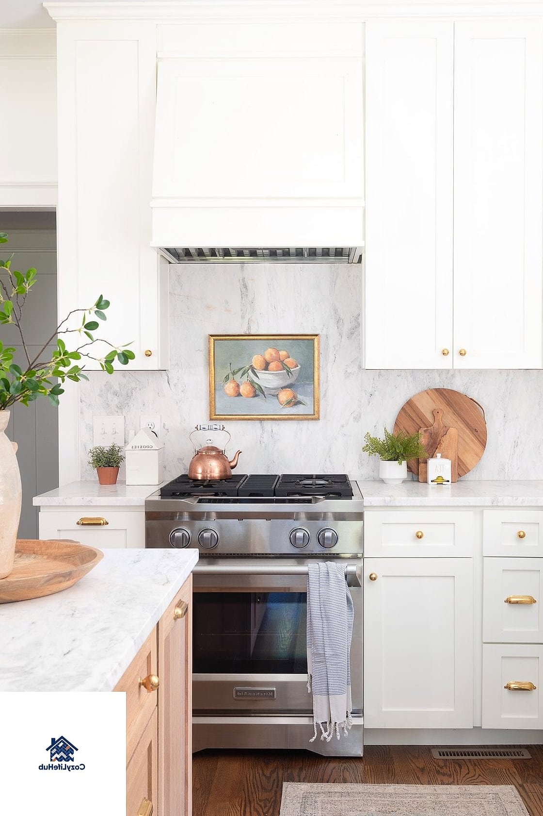Marble Backsplash Framed by Wood Cabinetry