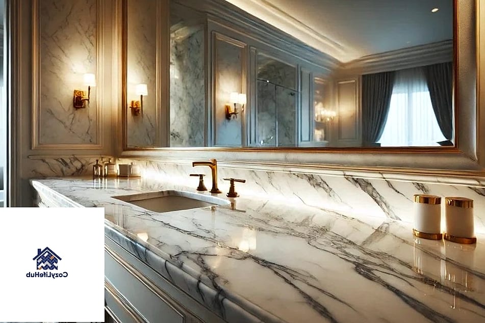 11 Marble Bathroom Ideas That Work in Any Size Home 4 Marble Countertops with Warm Wood Vanities