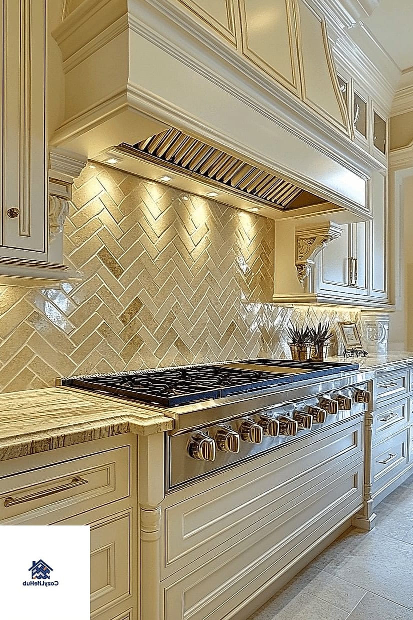 21 Marble Herringbone Backsplash Ideas That Look Expensive But Aren't 12 Marble Herringbone with Brushed Brass Accents