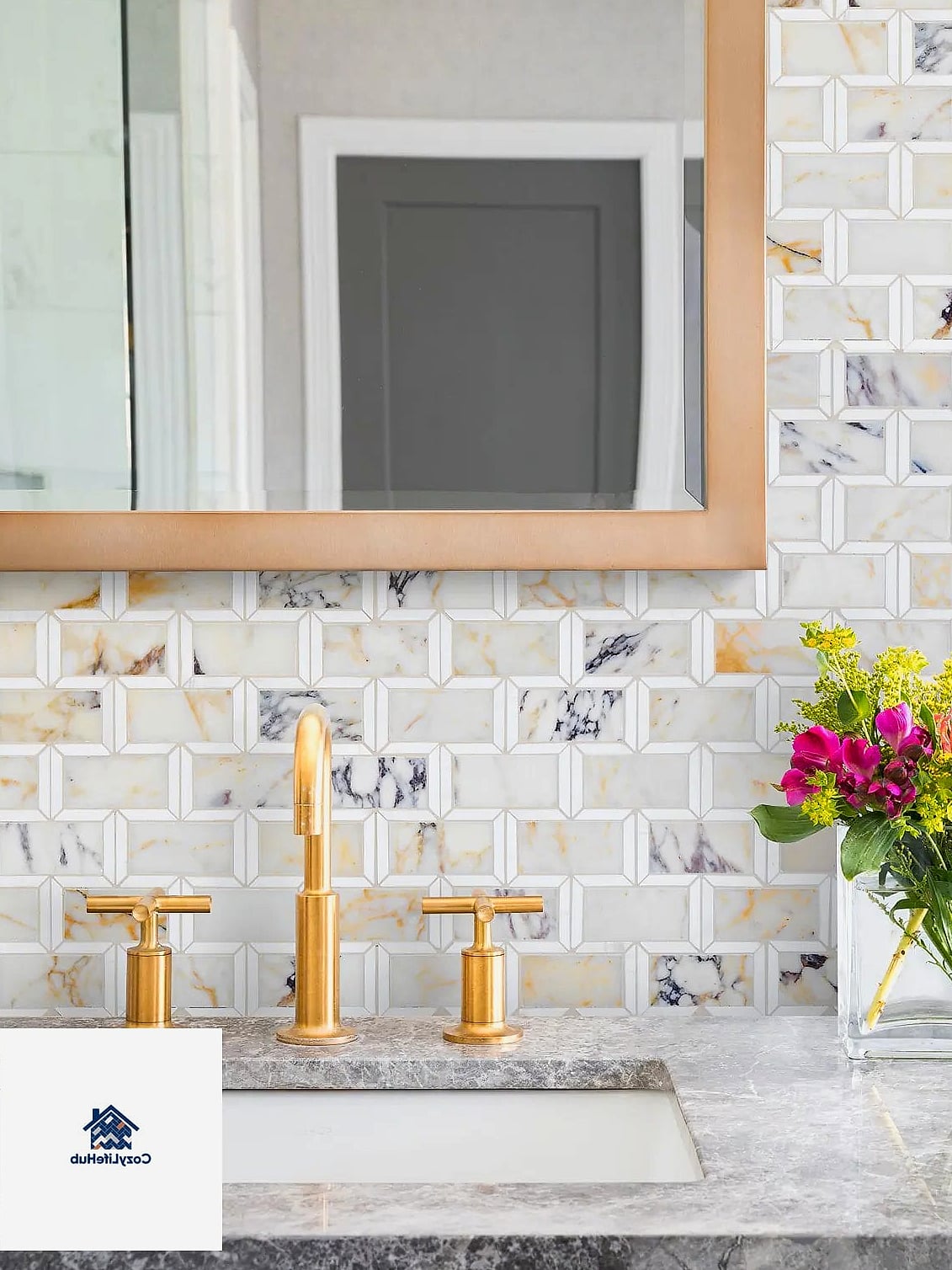 Marble Mosaic Backsplash in a Bathroom Vanity Area