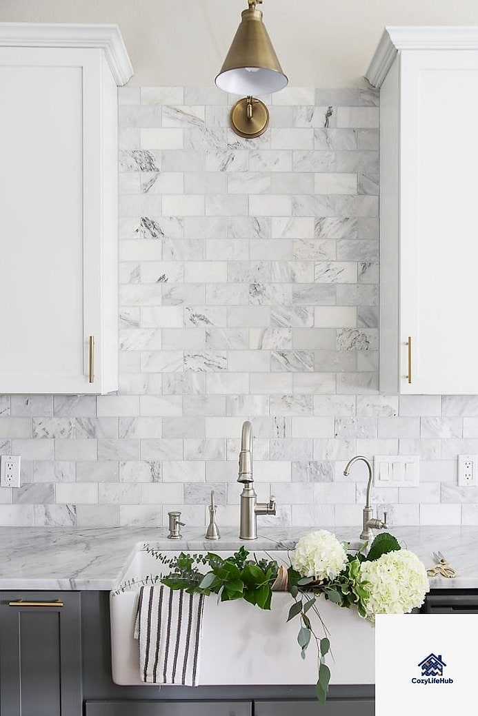 Marble Tile Behind Open Shelving