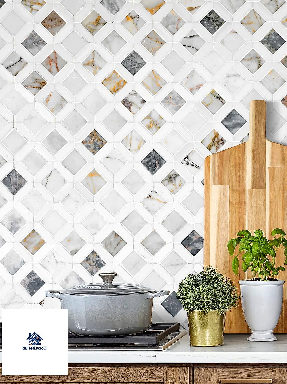 Marble Tile Paired with Wood Open Shelving