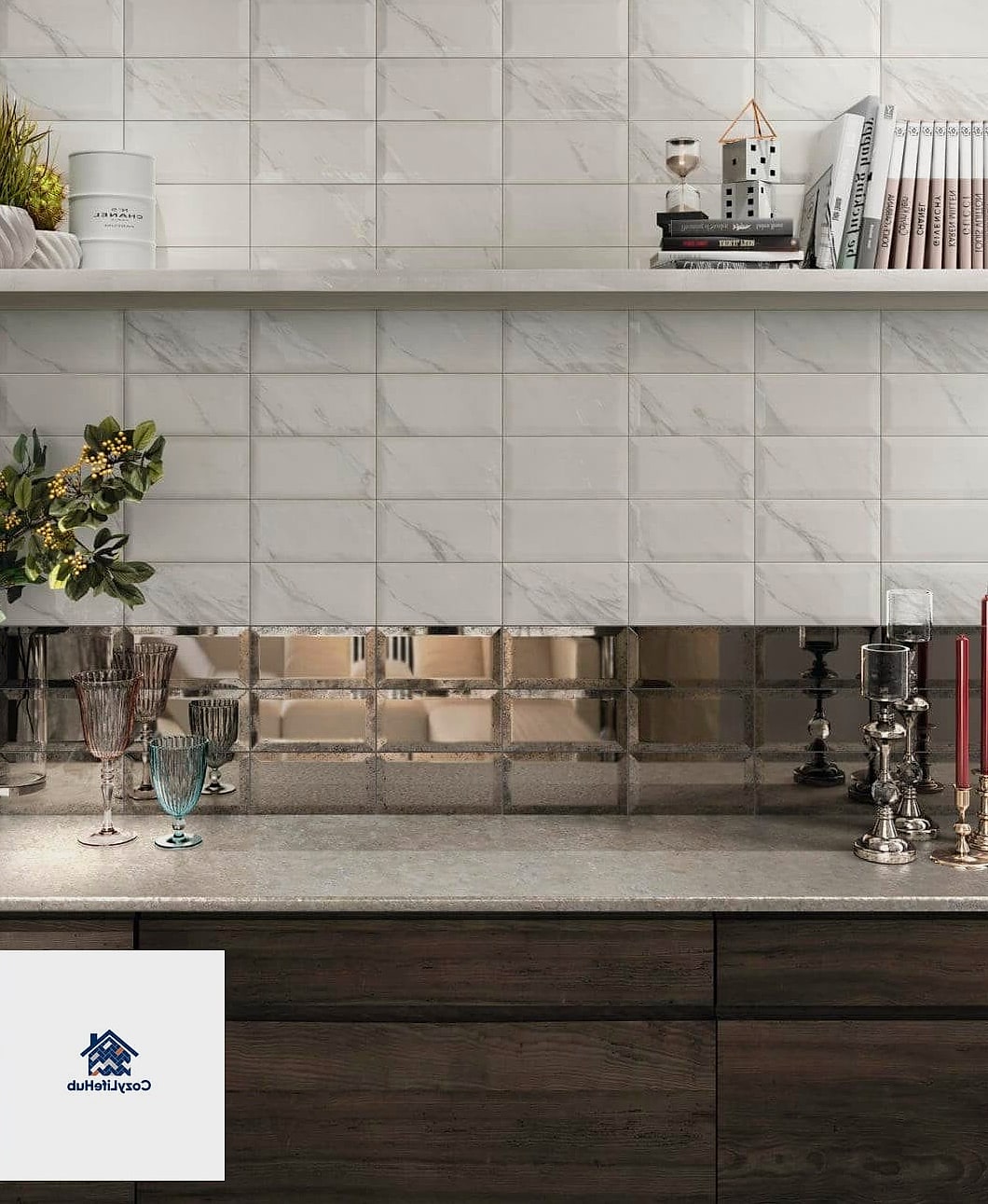 13 White Marble Backsplash Ideas That Designers Keep Coming Back To 14 Marble Tile with Metallic Accent Strips