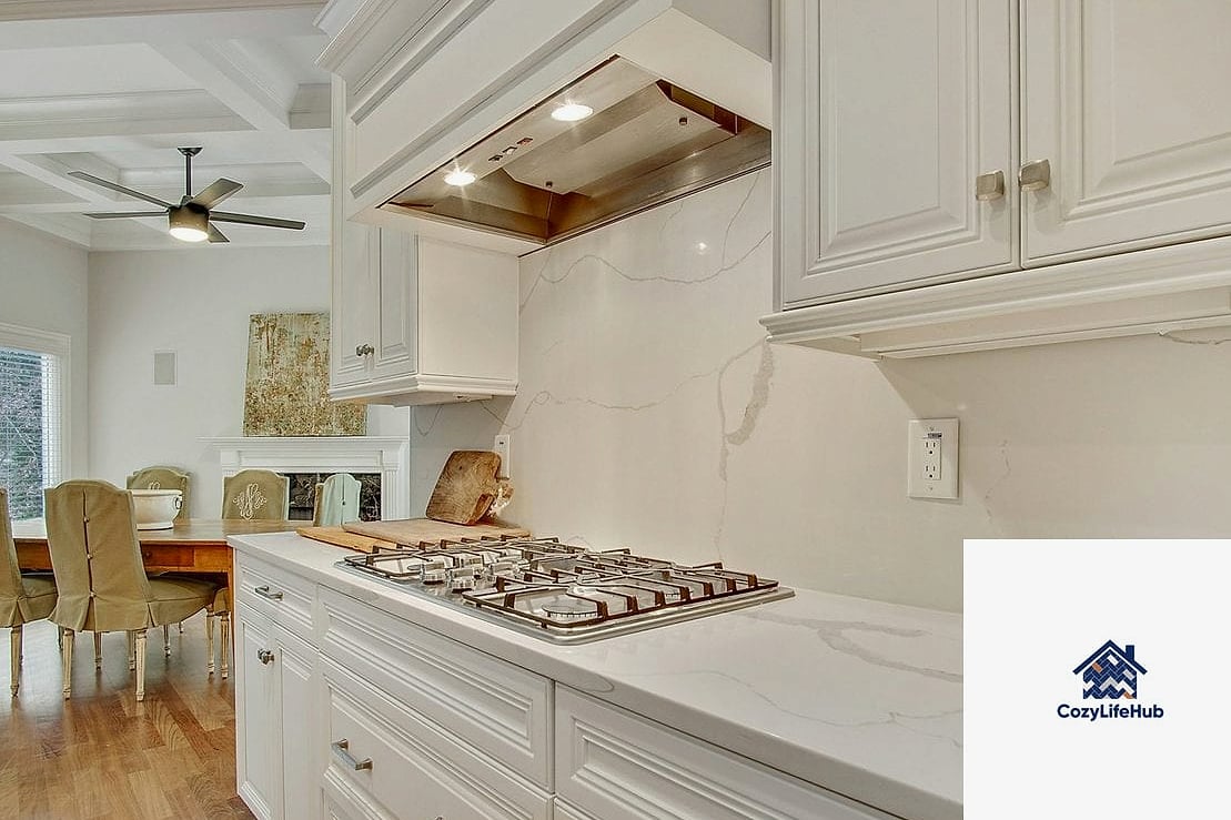 Marble Tile with Wood Open Shelving