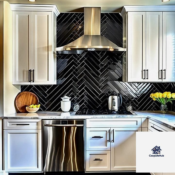 19 Chevron Backsplash Ideas Trending on Pinterest This Year 17 Matte Black Chevron for Moody Kitchens
