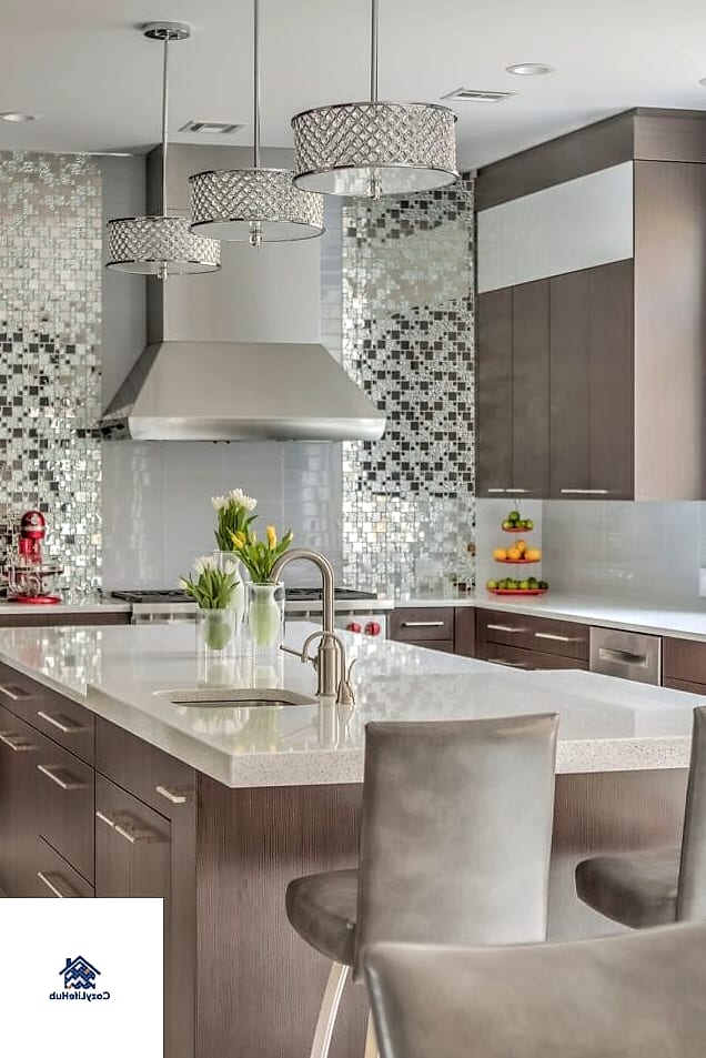 Mirrored Backsplash Behind Open Shelving Bar Cart Setups