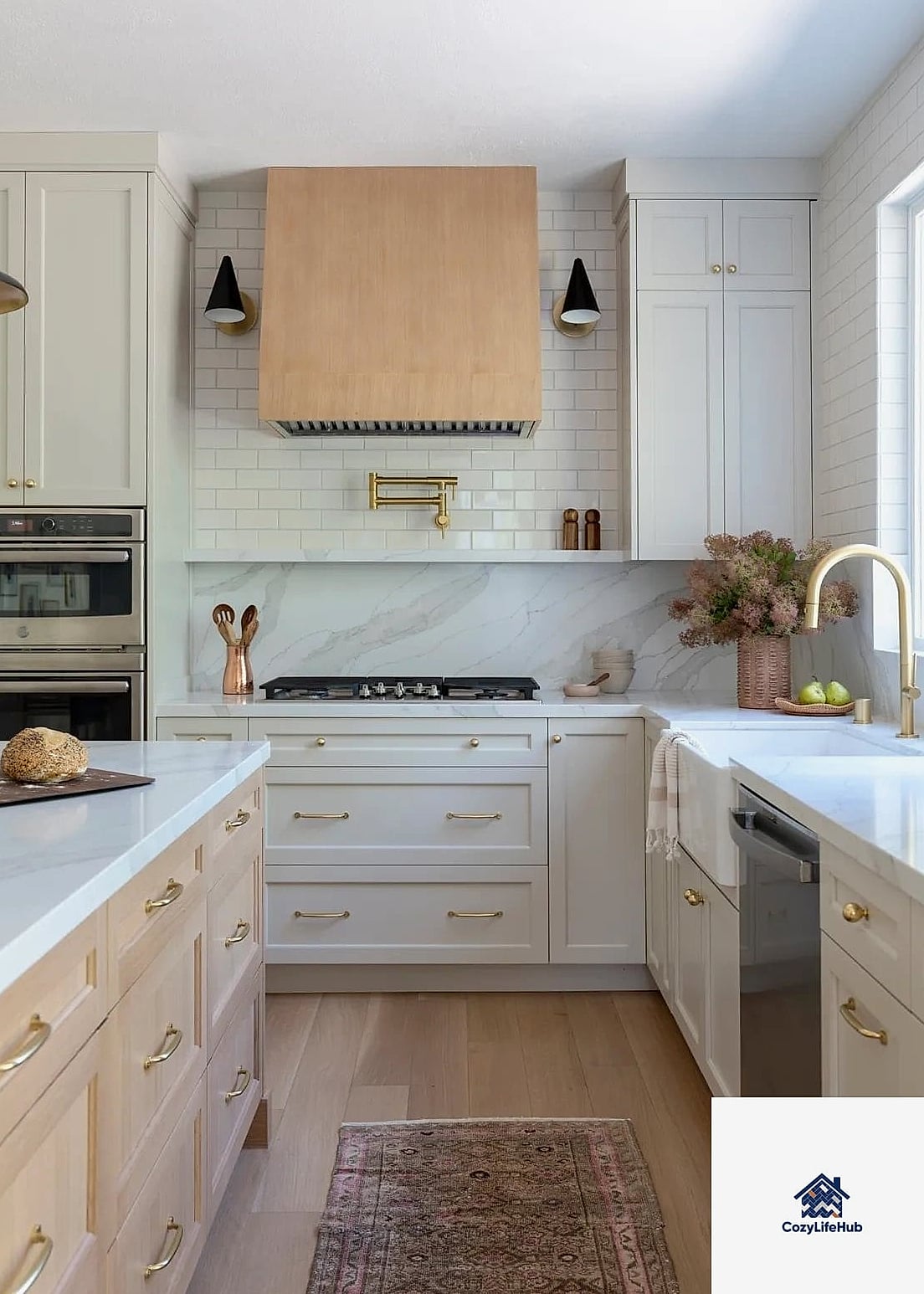 Neutral Subway Tile with Warm Wood Shelving
