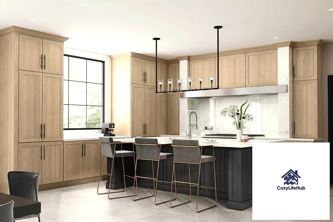 Off-White with Warm Wood Countertops
