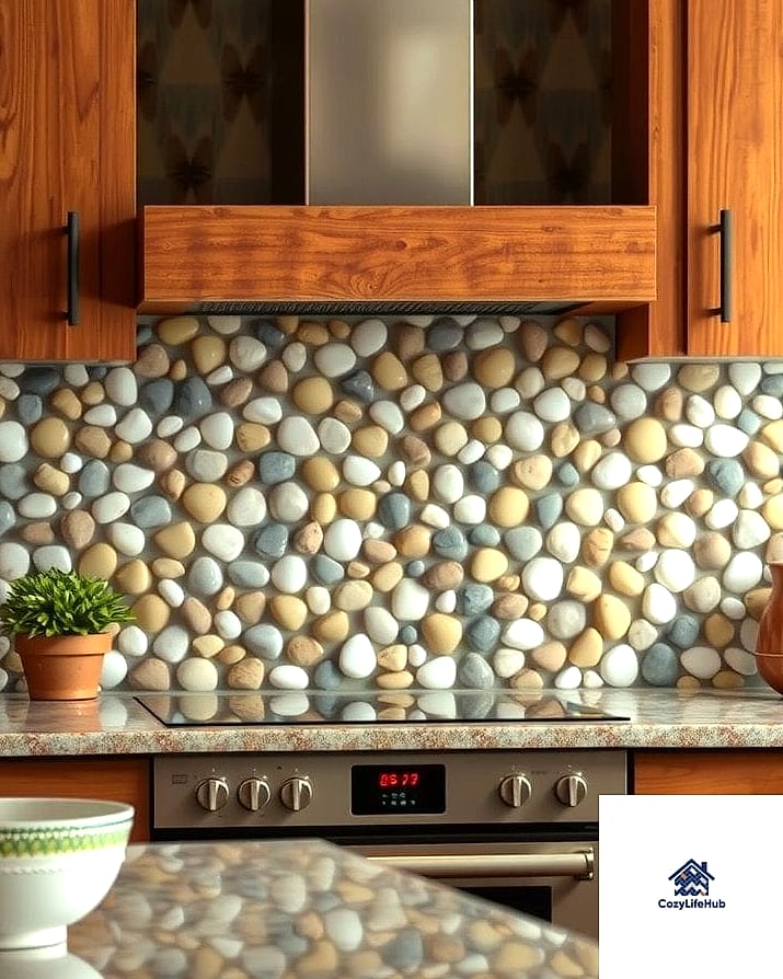 17 Rustic Stone Backsplash Ideas That Will Transform Your Space 13 Pebble Tile in Earthy Neutrals