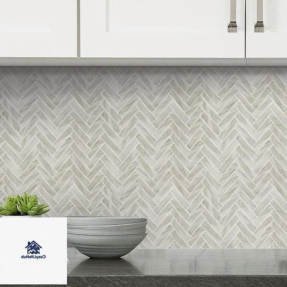 21 Marble Herringbone Backsplash Ideas That Look Expensive But Aren't 3 Peel-and-Stick Marble Herringbone