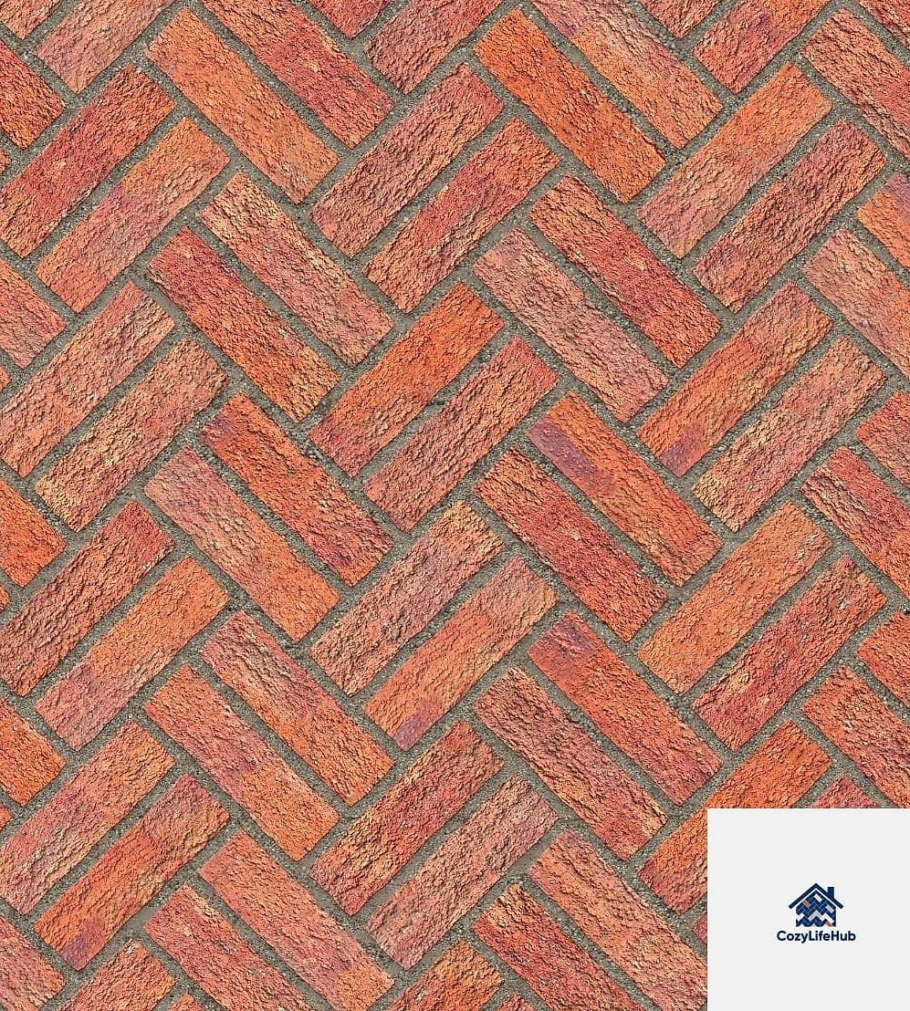 Rust Red Herringbone with Natural Wood Shelving